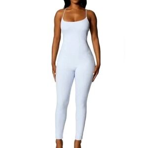 Naked Wardrobe Cami Jumpsuit Medium Blue Periwinkle Ribbed Knit Stretch Fitted